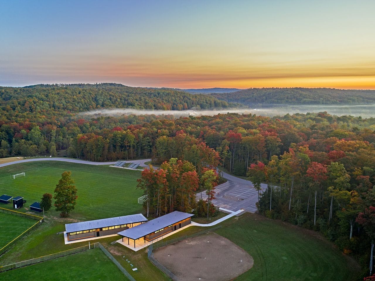 Glen Lake Community Schools Aerial with Fall Trees